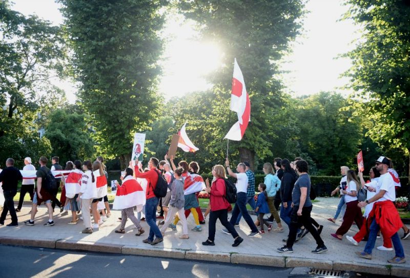 Around 50 people are participating in a protest march in Riga on the second anniversary of the falsified presidential election of Belarus